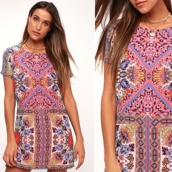 Lulus Sangria Coral Pink Tile Print Shift Dress in XS - NWOT - Picture 1 of 6